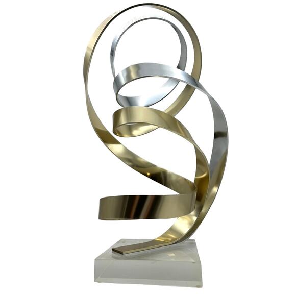 Dan Murphy 1989 Signed Two Tone Aluminum Ribbon Sculpture Lucite Base Abstract - Picture 1 of 14